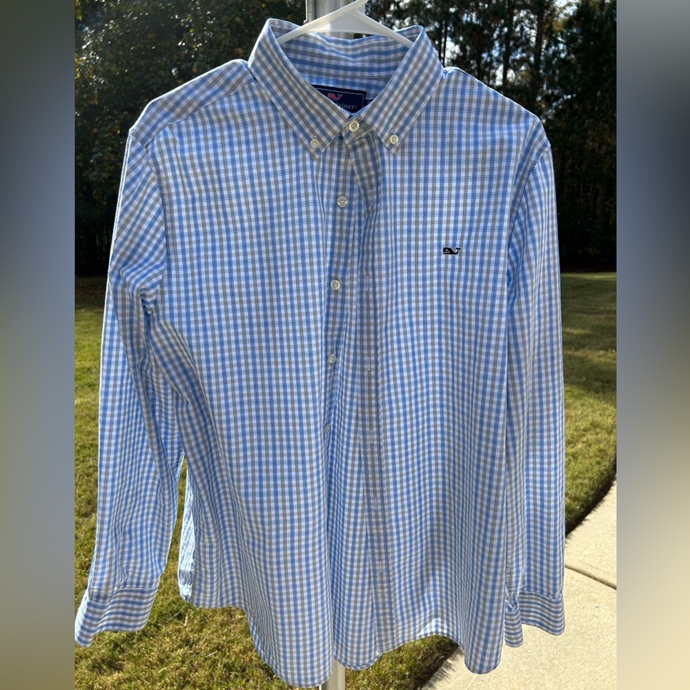 Vineyard Vines Men’s L Slim Fit Whale Shirt White,  Blue & Gray check